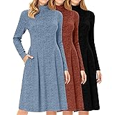 Oakgarden 3 Pack Women's Turtleneck Long Sleeve Dresses, Ribbed Knit Casual Fall Winter Sweater Dresses with Pockets(Dark Caramel, Blue, Black,Small)