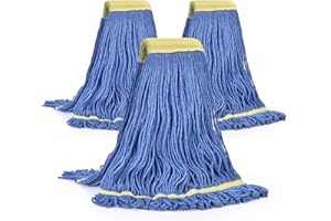 MATTHEW CLEANING PRODUCTS Matthew Cleaning Commercial Mop Head Replacement, 5 Inch Wide Headband, Looped End Cotton Blend String Wet Mops for Floor Cleaning, 24 oz Large, 3-Pack Blue