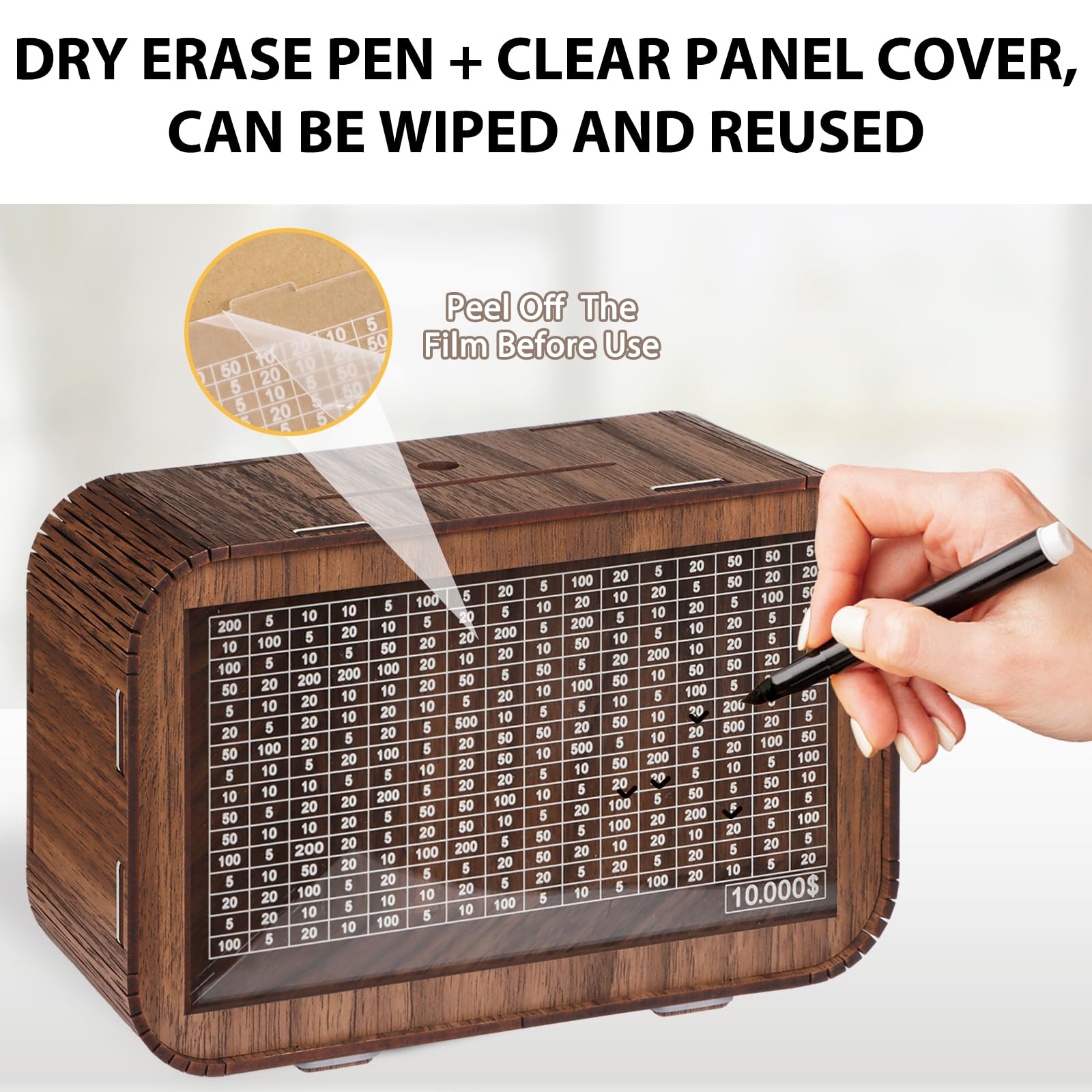 4-in-1 Piggy Bank for Adults Kids - Fully Assembled Wooden Money Saving Challenge Box(1000/3000/5000/10000) - Money Bank with Counter and Dry Erase Pen - Kakeibo Money Box for Cash Coin - BestGift