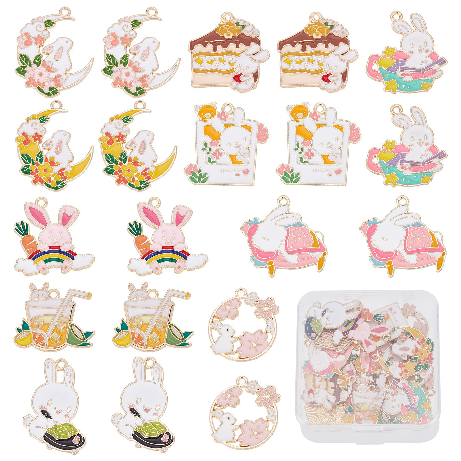 SUNNYCLUE 20Pcs Japanese Style Enamel Bunny Charm Set With Moon, Sakura Flower, Easter Rabbit Metal Animal Pendants for Jewelry Making, Earrings, Necklace DIY Supplies