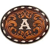 Western Belt Buckle for Cowboy & Cowgirl - Handmade Leather Engraved Initial Letter ABC To Z Western Style Accessory