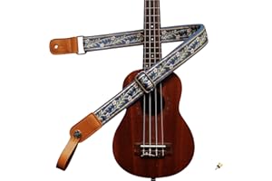 MUSIC FIRST Original Design Vintage Blue “Jasmine” Soft Meshbelt & Genuine Leather Ukulele Strap Ukulele Shoulder Strap With a Genuine Leather Strap Locker