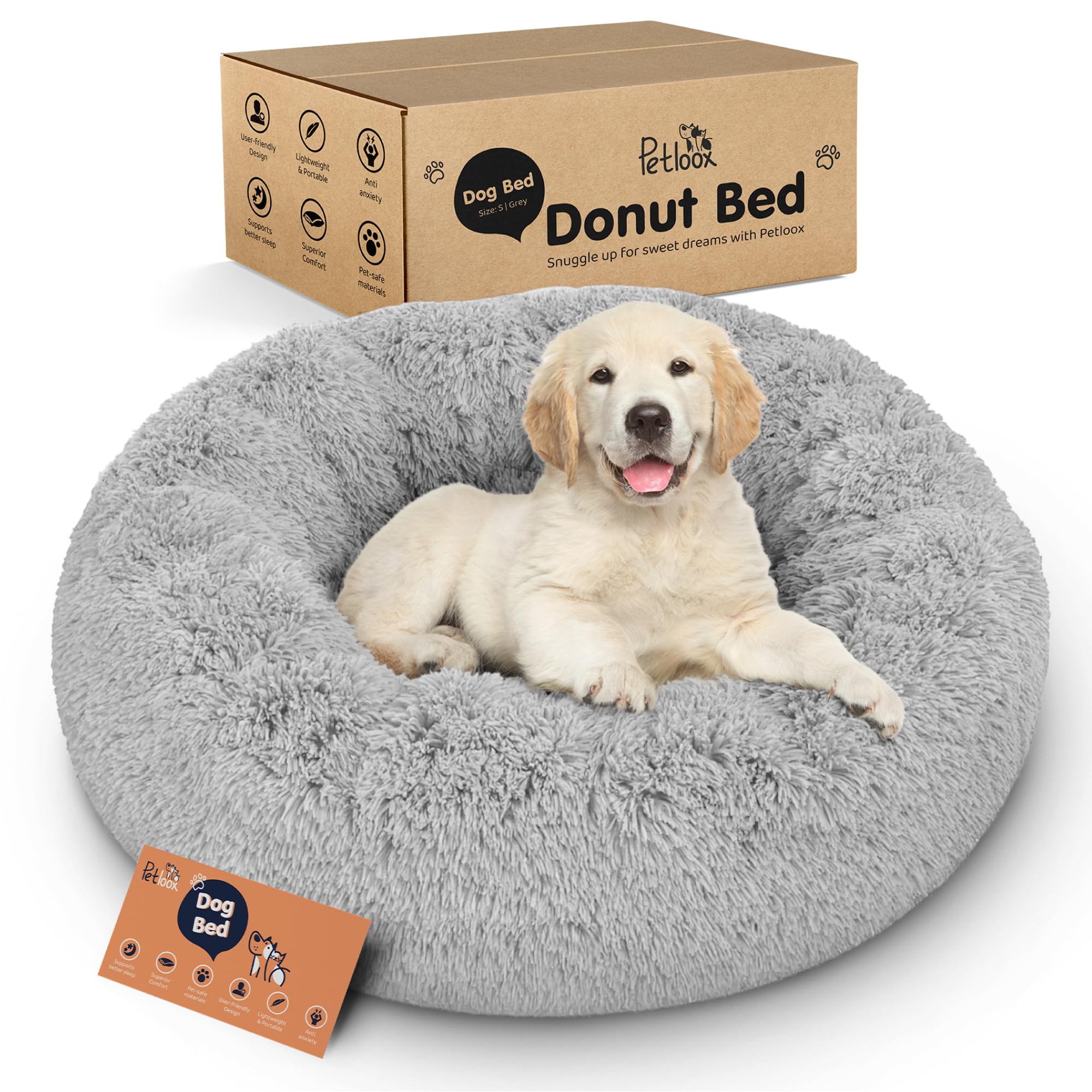 Photo 1 of Petloox Donut Dog Bed - Premium Comfort for Anxiety Relief - Fluffy & Calming Design with Ultra-Plush Support | Cozy Round Dog Bed with Super Soft Circle Style (Size S Grey)
