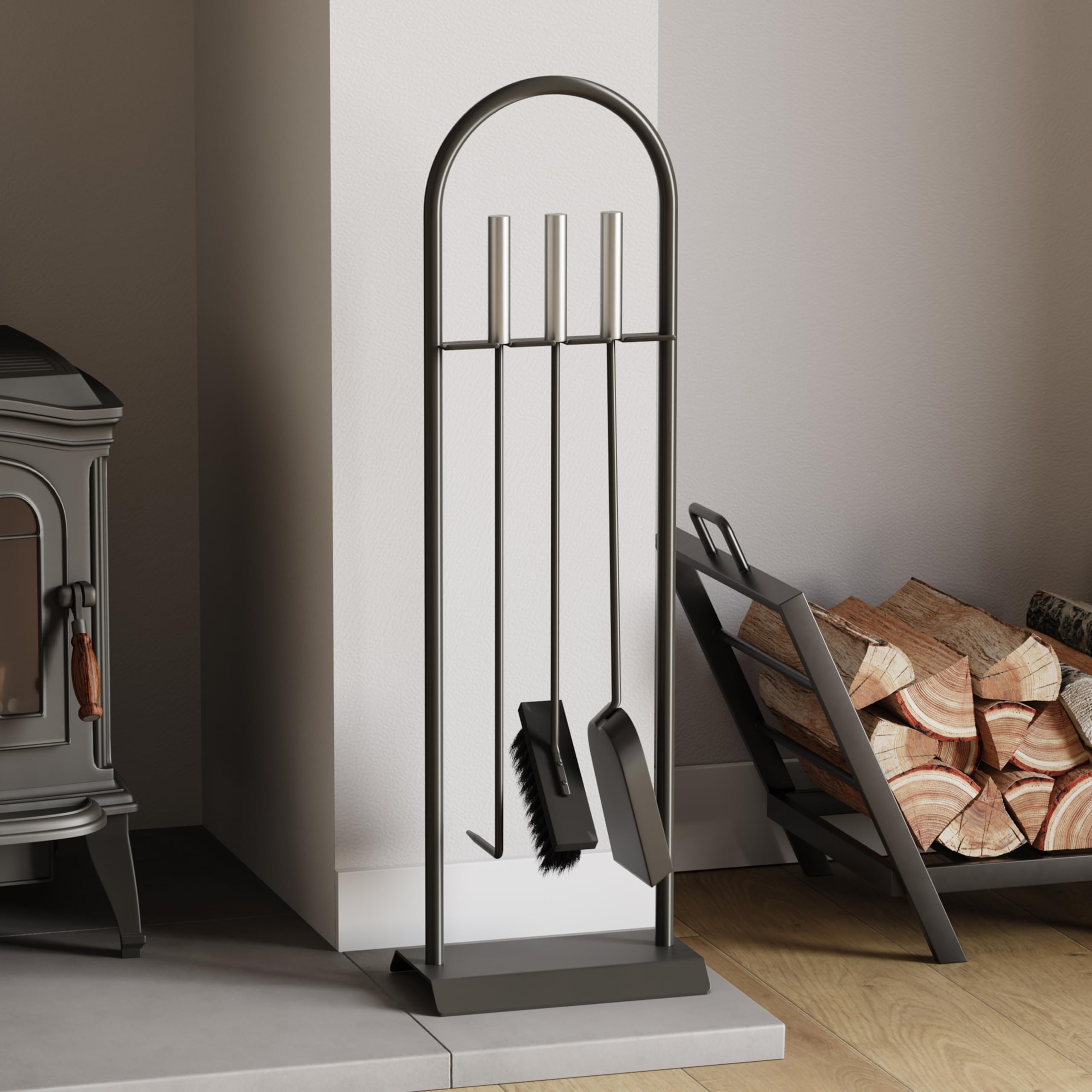 Fire Vida 4 Piece Arc Fireplace Companion Set – Black & Chrome Modern Fireside Tool Kit with Stand – Includes Poker, Brush & Shovel – Ideal for Wood Burners, Open Fires & Fireplaces