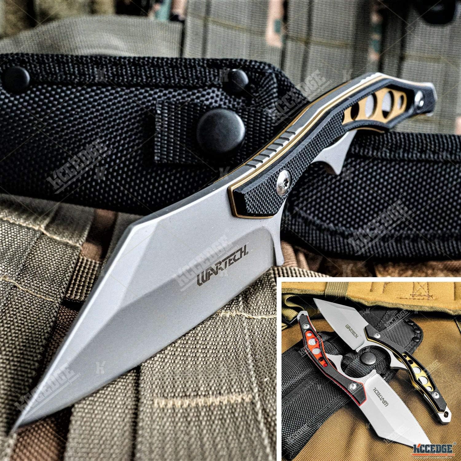 Amazon Com Tactical Knife Hunting Knife Survival Knife 7 25 Fixed Blade Knife With Hybrid Blade Camping Accessories Camping Gear Survival Kit Survival Gear Tactical Gear 79224 Black Gold Sports Outdoors