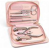 Beauty Power 9 in 1 Professional Manicure Pedicure Set - Stainless Steel Nail Clippers, Nano File, Cuticle Nipper, Scissors, Tweezers, Travel PU Leather Case for Men & Women - Gift Idea - Pink