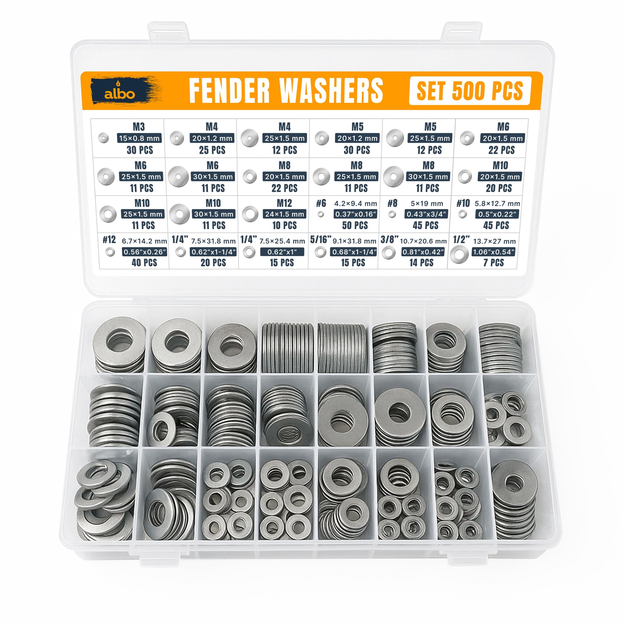 Photo 1 of 500 Pcs Stainless Steel Fender Washers Assortment Kit – Flat Washers Set for Screws & Bolts, 304 Stainless Steel, Assorted Sizes M3-M12, #6-#12, 1/4" to 1/2" for Industrial & DIY Use