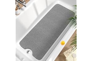 HITSLAM Non Slip Bathtub Mat 40 x 16 Inch, Extra Long Bath Mat for Tub, Soft PVC Loofah Shower Floor Mat with Drain, Quick Drying Bathroom Tub Mat for Wet Area, Without Suction Cup, Grey