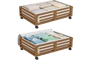 WISUCE Bamboo Under Bed Storage Containers- Underbed Organizer with Wheels with Large Dust Bag,Sturdy Wood Rolling Under the Bed Shoe Storage Organizer Drawer 2 Packs (Walnut, Small)