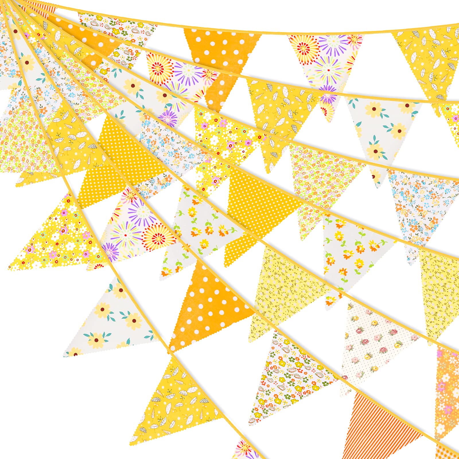 Whaline 50ft Fabric Bunting Banner Yellow Floral Bunting Flag 50pcs Cotton Pennant Triangle Flag Vintage Garden Bunting Garland for Wedding Birthday Baby Shower Party Home Farmhouse Decoration