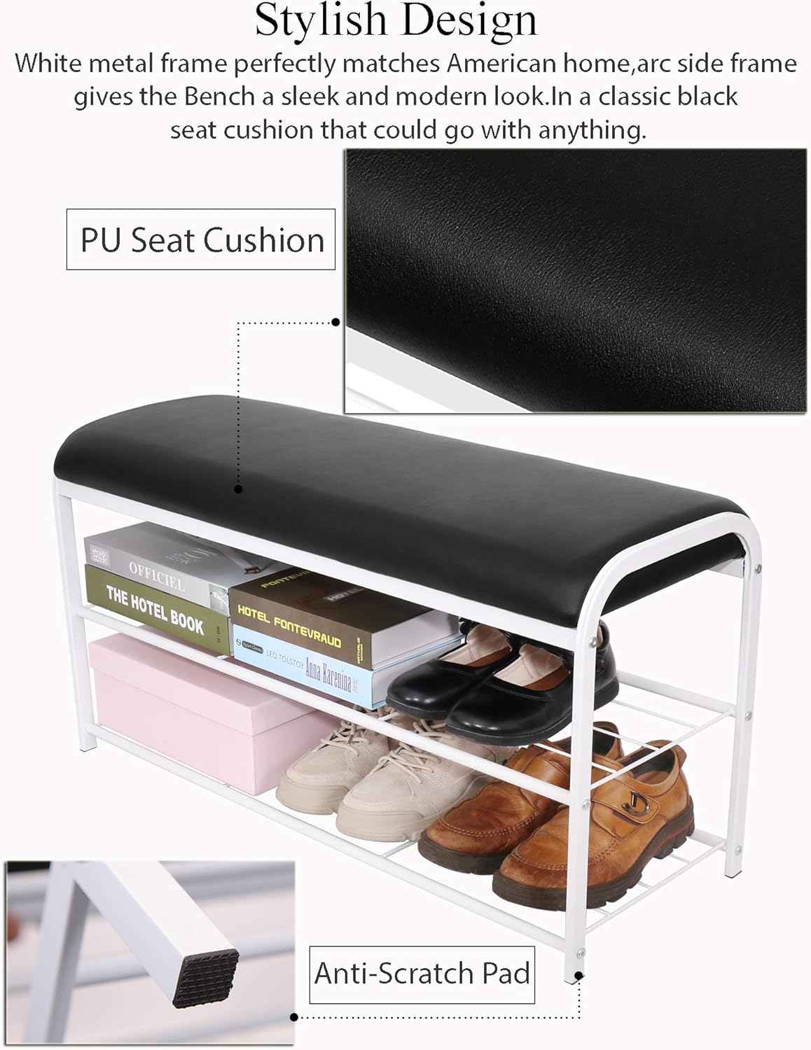 white entryway shoe bench on Willingheart Shoe Bench Rack Entryway With Faux Leather Seat Holds Up To 400lb 2 Tiers Iron Storage Organizer Shoe Shelf Industrial Stand End Bed Stool For Hallway Bedroom Living Room Corridor Mudroom Home