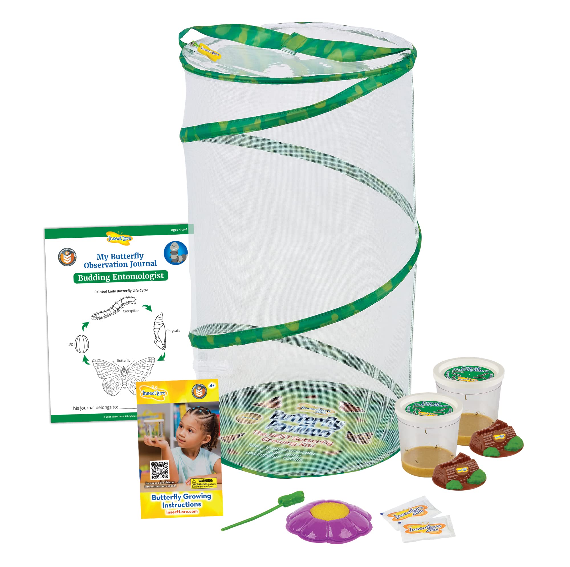 Insect Lore Butterfly Pavilion with Two Live Cups of Caterpillars | 2ft Tall Habitat, STEM Butterfly Journal, 10 Live Baby Caterpillars | Life Science & STEM Education | Painted Lady Butterfly Kit