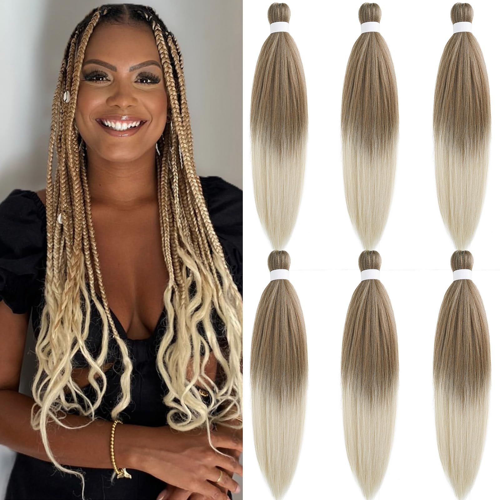 Photo 1 of Ai Yuchen Brown Blonde Ombre Braiding Hair Pre Stretched 6b/613 Long Weave Pre Braided Hair for Crochet Braiding Synthetic Knotless Hypoallergenic Yaki Jumbo Box Braids Extensions