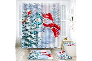 GUDAGUU 4 Piece Christmas Shower Curtain Bathroom Decorations Sets,Cute Snowmen Theme Santa Bath Decor with Toilet Seat Cover Rug Xmas Rustic 71 inch Long Bathroom Accessory Set (Silver)