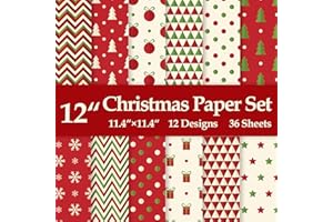 NBJIUYIN 12" Christmas Pattern Paper & Sticker Kit Red Scrapbook Premium Specialty Paper Double-Sided 12"x12" with 12 Designs 36 sheets for Scrapbooking Card Making Crafting