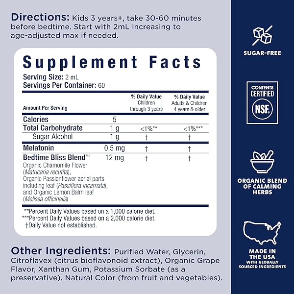 MOMMY’S BLISS KIDS SLEEP LIQUID WITH MELATONIN & CALMING HERBS | MELATONIN FOR CHILDREN 3 YEARS & UP | GRAPE FLAVOR | SUGAR FREE | 4 FL OZ (60 SERVINGS)