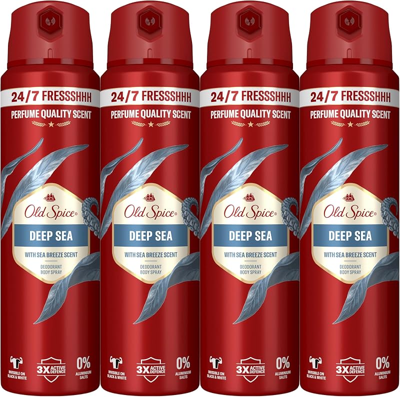 Spray de Desodorizante Corporal Deep Sea para Homens, 48 horas frescas, 0% de sais de alumínio, 4x150 ml