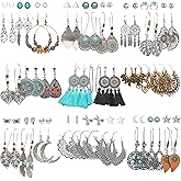 45 Pairs Vintage Silver Drop Dangle Earrings Set for Women Bohemian Bronze Waterdrop Leaf Earrings