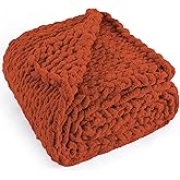 LONG CREATE Chunky Knit Throw Blanket 50"X 60", 100% Handmade with Soft Chenille Yarn, 4.4lbs Thick Cable Knitted Blankets, Large Rope Knot Crochet Throws for Couch Sofa Bed Home Decor, Rust