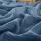 PHF 100% Cotton Muslin Blanket King Size 108"x90", 4-Layer Lightweight Gauze Throw, Breathable Cloud-Soft Minimalist Blanket for Bed, Couch, Camping & Baby, Denim Blue, Ideal Gift
