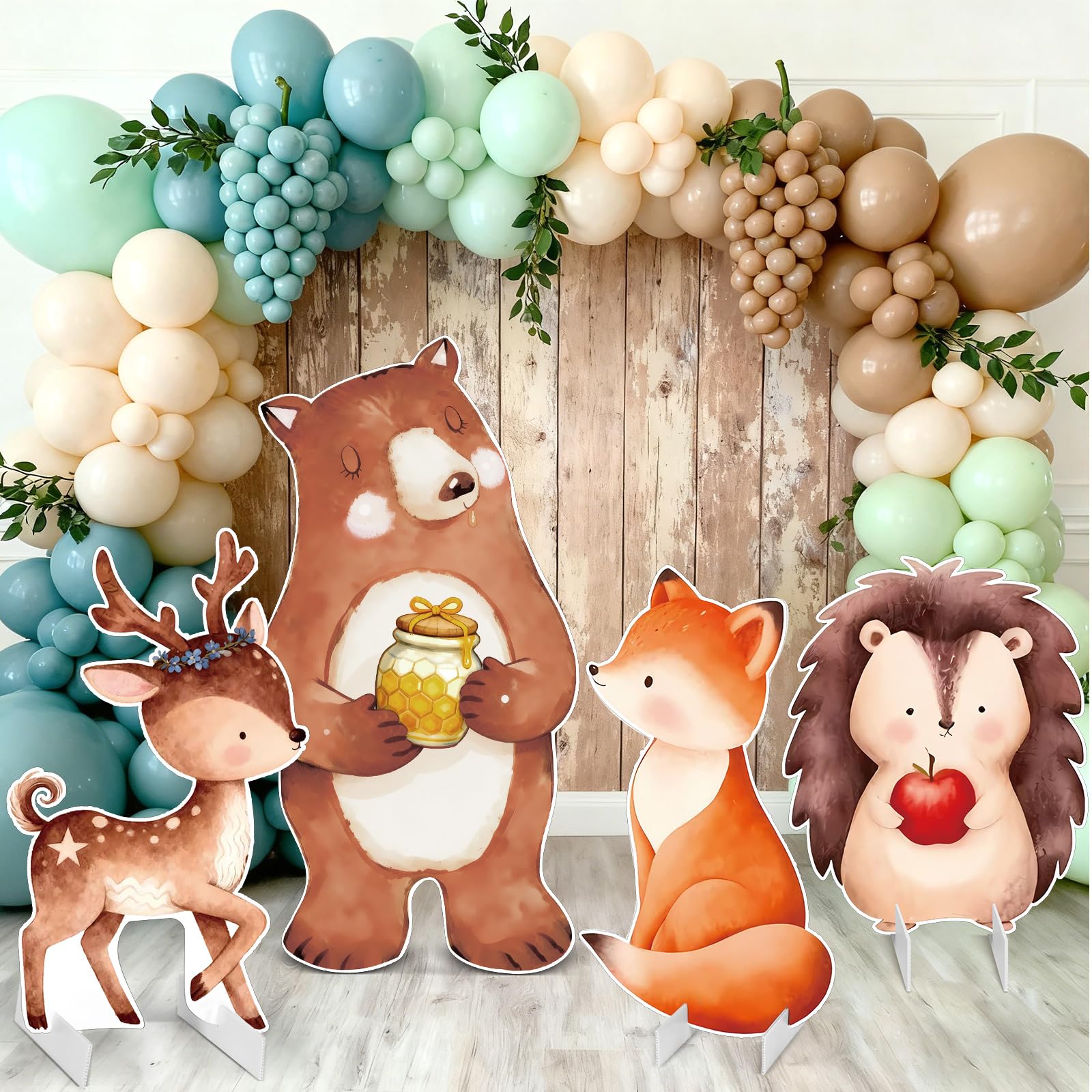 Photo 1 of APUDWN Woodland Animals Party Decorations, 4 Pack 31" x 16" Large Woodland Animals Cardboard Cutouts Stand Up, Forest Theme Photo Booth Props for Birthday Party Baby Shower Classroom Decoration