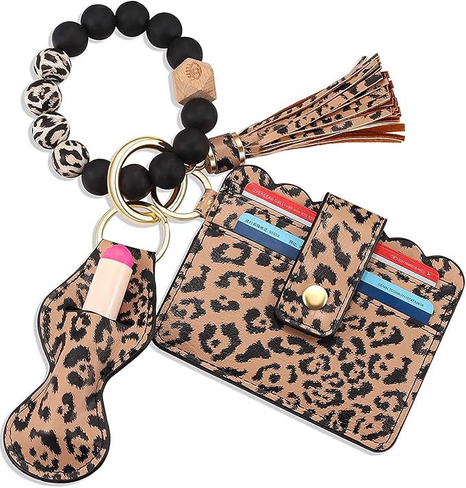 BVGA Wristlet Keychain Bracelet with Wallet，Silicone Bead keyring