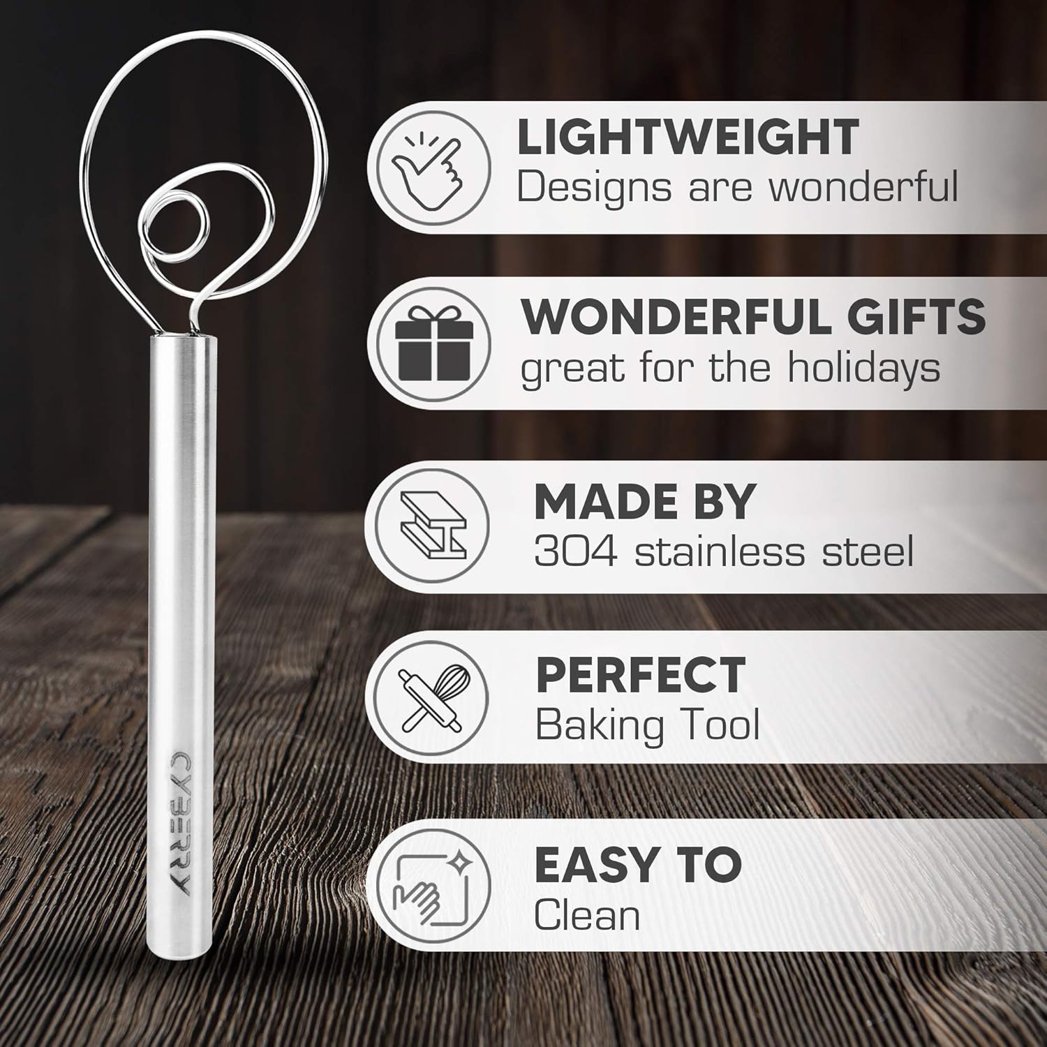 Cyberry Danish Dough Whisk- Mixer Blender For Cookie– Pizza Bread Pastry Food Hand & Kitchenware, 12-inch Stainless Steel Bread Dough- Perfect Baking Tool (1)