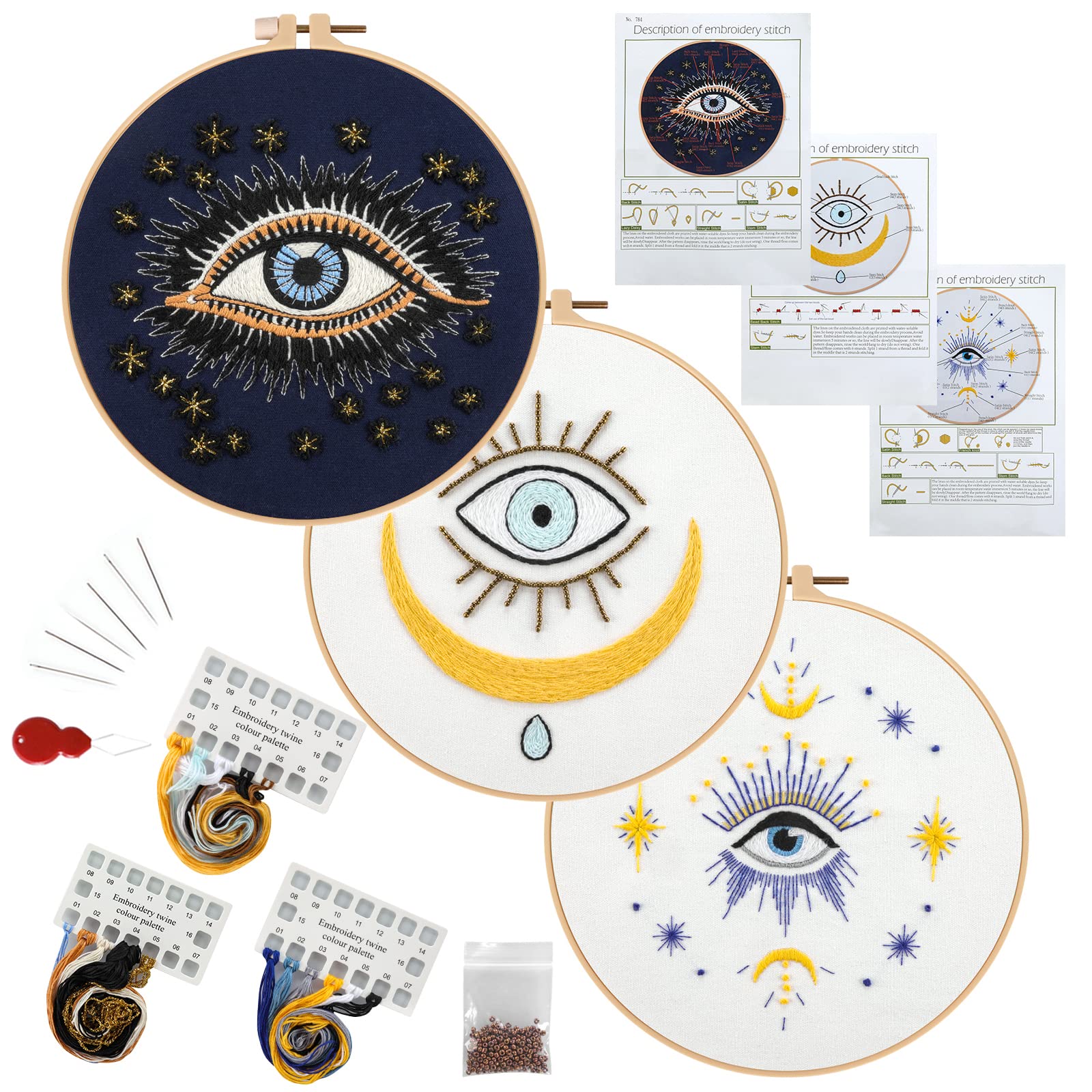 HAOCOO 3 Sets Embroidery Kit for Beginners, Cross Stitch Kits with Evil Eye Pattern and Instructions, Full Range of Embroidery Cloth, Embroidery Hoops, Color Threads and Tool (Evil Eyes) โ image 1