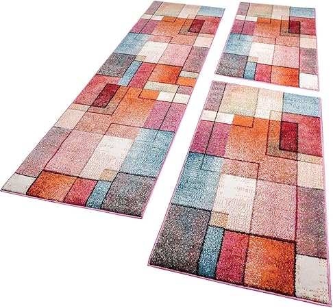 Paco Home Tour De Lit Tapis De Couloir Moderne Turquoise Gris Rose Rouge Orange 3 Pièces Dimension2xl 70x140 1x 70x250 Cm