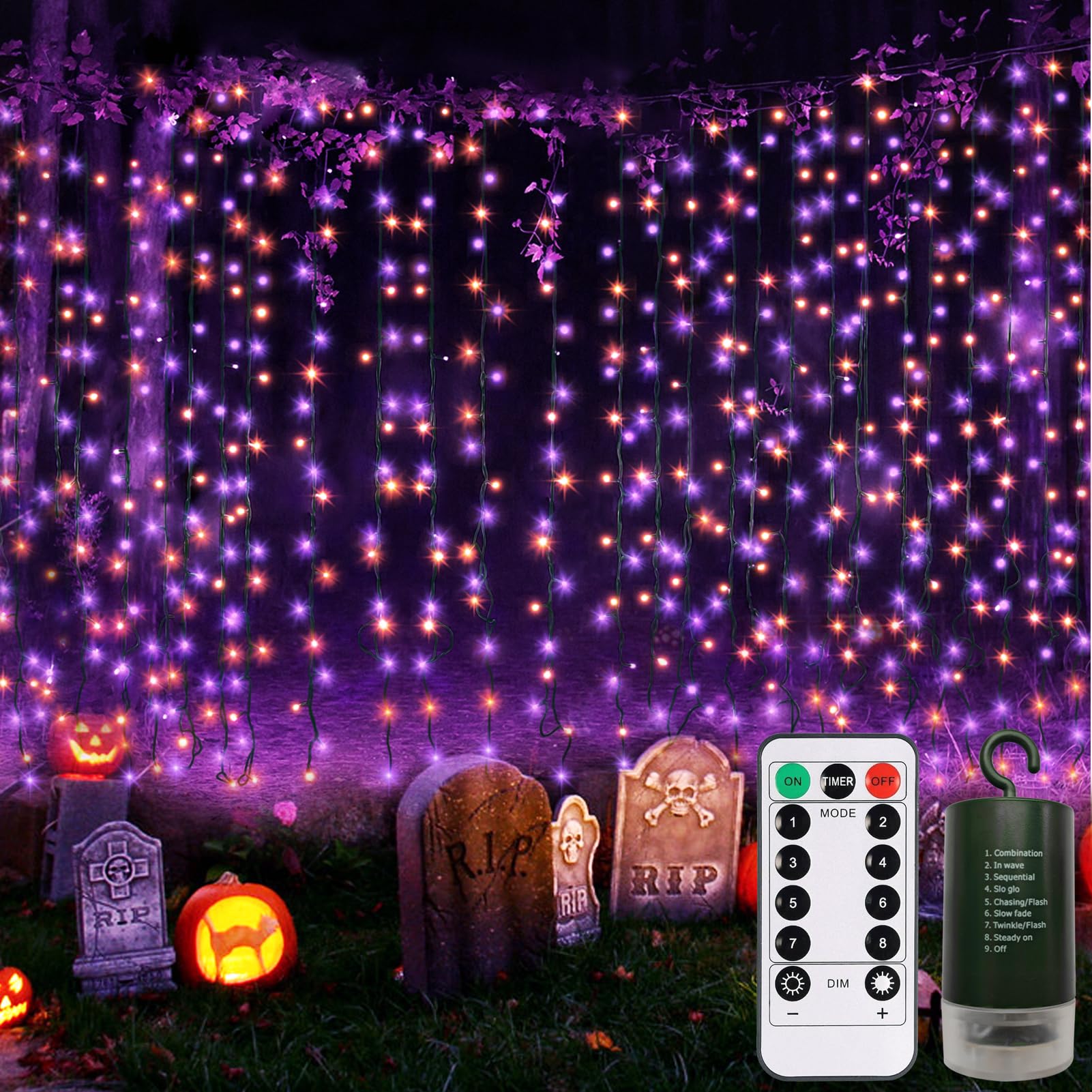 Photo 1 of DealBeta Purple Orange Curtain Lights Battery Operated Halloween 300 LED Hanging Curtain Lights with Remote 8 Modes Timer for Wedding Halloween Party Decór (9.8ft×9.8ft)