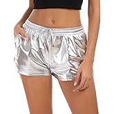 Tandisk Women's Yoga Hot Shorts Shiny Metallic Pants with Elastic Drawstring