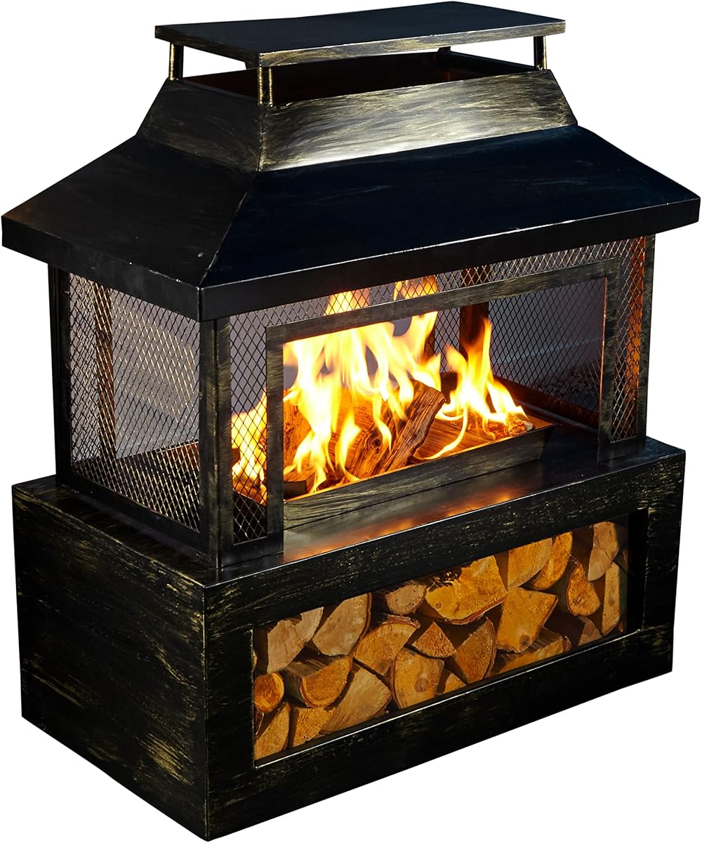 Neo Black Steel Outdoor Garden Log Burner Fire Pit Heater with Log Store