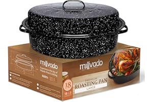 Millvado Roasting Pan With Lid, Turkey Roaster Pan, Extra Large 15 lb Capacity, 18" Granite Oven Roaster Oval Shaped Speckled Enamel on Steel Cookware