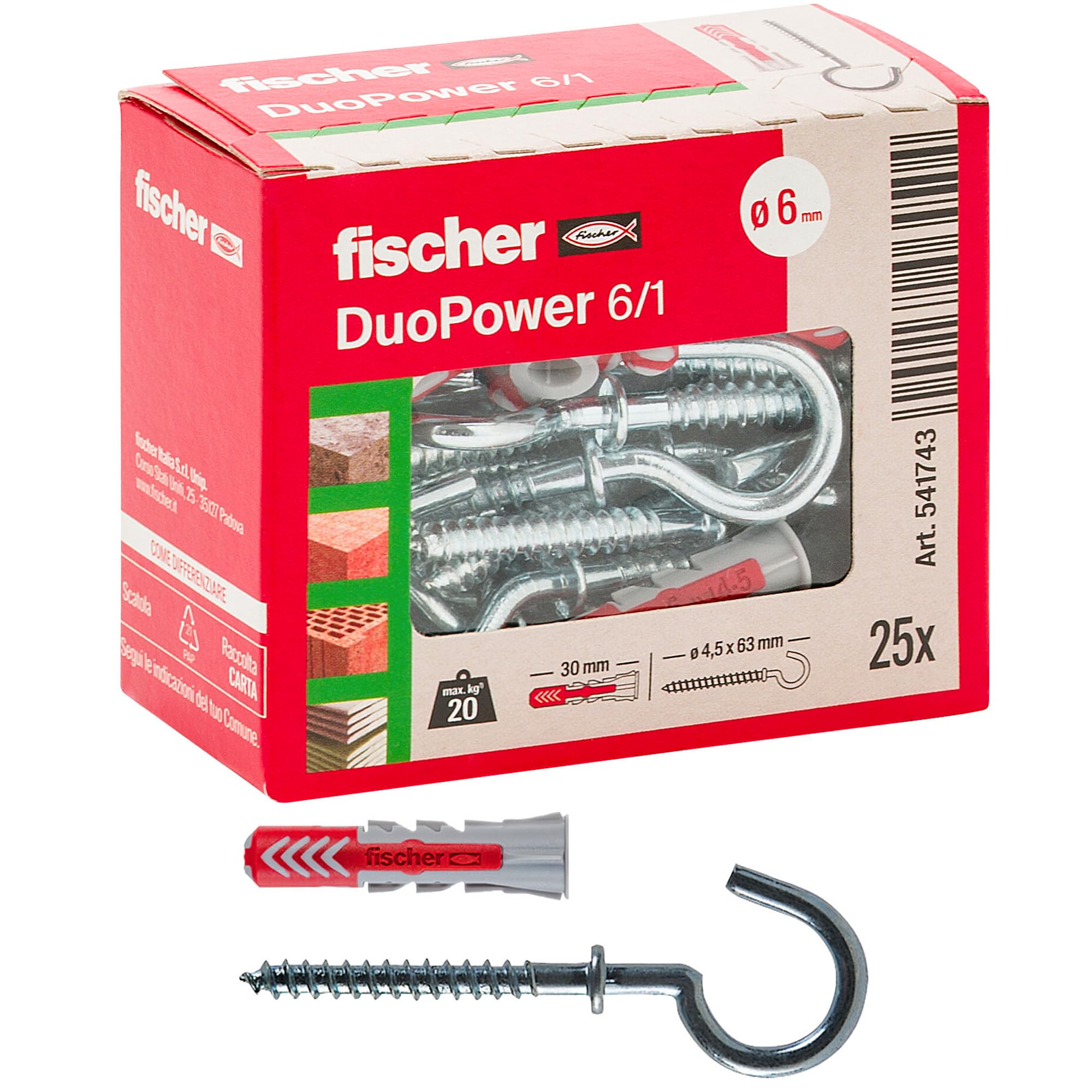 Fischer 541743 Dowels with Occhiolo Open Duopower Grey/Red 6 x 30 mm Set of 25