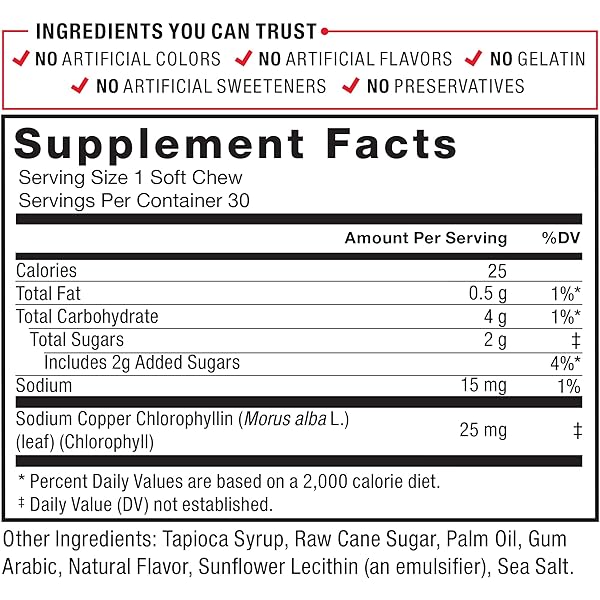FORCE FACTOR CHLOROPHYLL SOFT CHEWS ANTIOXIDANTS SUPPLEMENT TO REDUCE BODY ODOR, PROMOTE FRESH BREATH, NON-GMO, GLUTEN-FREE, AND VEGAN, FRESH MINT FLAVOR, 30 SOFT CHEWS, GREEN