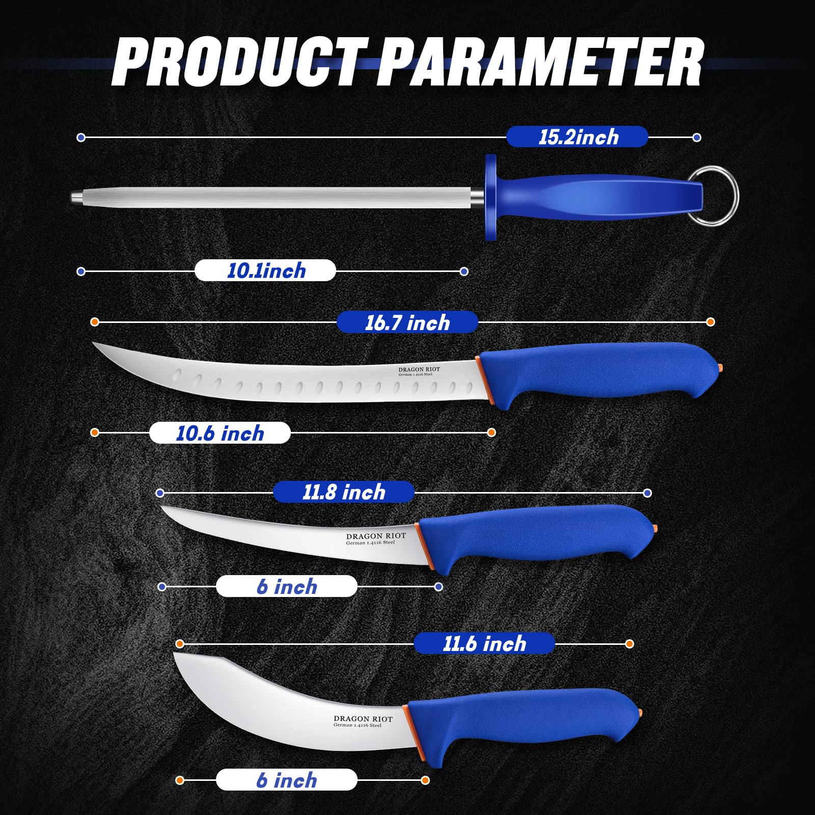 DRAGON RIOT Fleischmesser Set extrem Scharf, Kochmesser Set Enthält ein Ausbeinmesser Profi, ein blaue fleischmesser, ein Metzgermesser und einen Wetzstahl, Messerset für Fleisch und BBQ 6