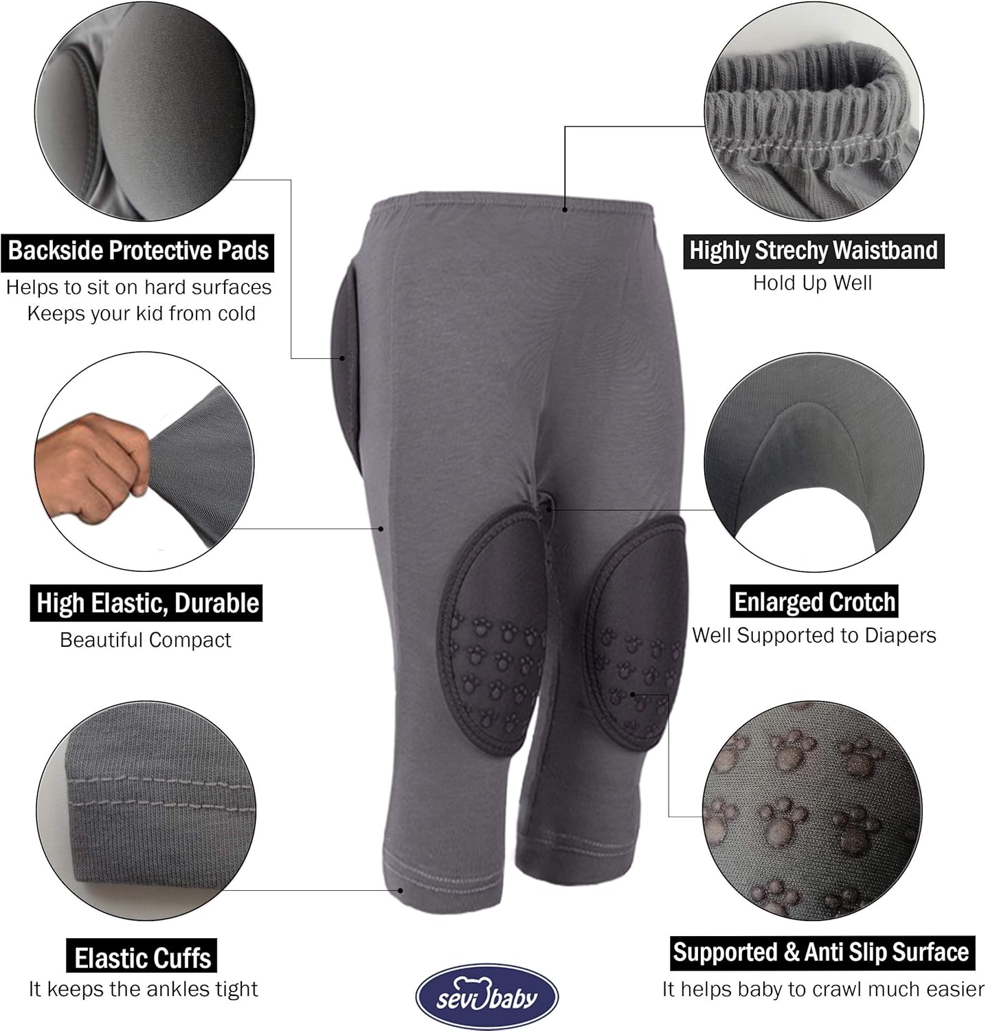 Sevi Baby Protective Pants for Babies, Padded Pants for Toddler, Patented Crawling Pants for Babies (Made in Turkey) - Gray: Clothing