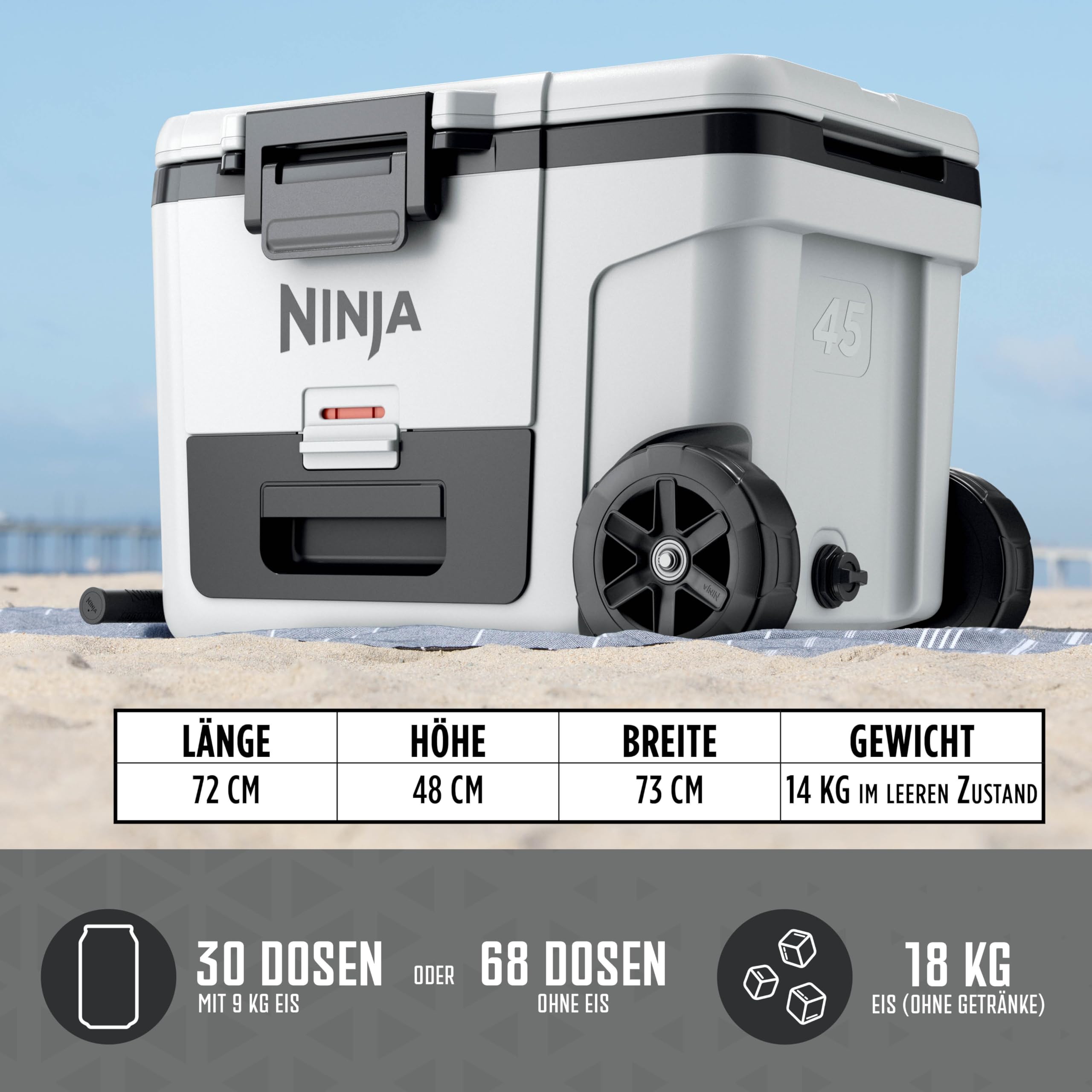 Ninja FrostVault Kühlbox mit Rollen und Isolierung, integrierter Dry Zone Schublade für Lagerung bei Kühlschranktemperatur, hält Eis tagelang, bietet Platz für bis zu 68 Dosen, Wolkenweiß, FB245EUWH 9