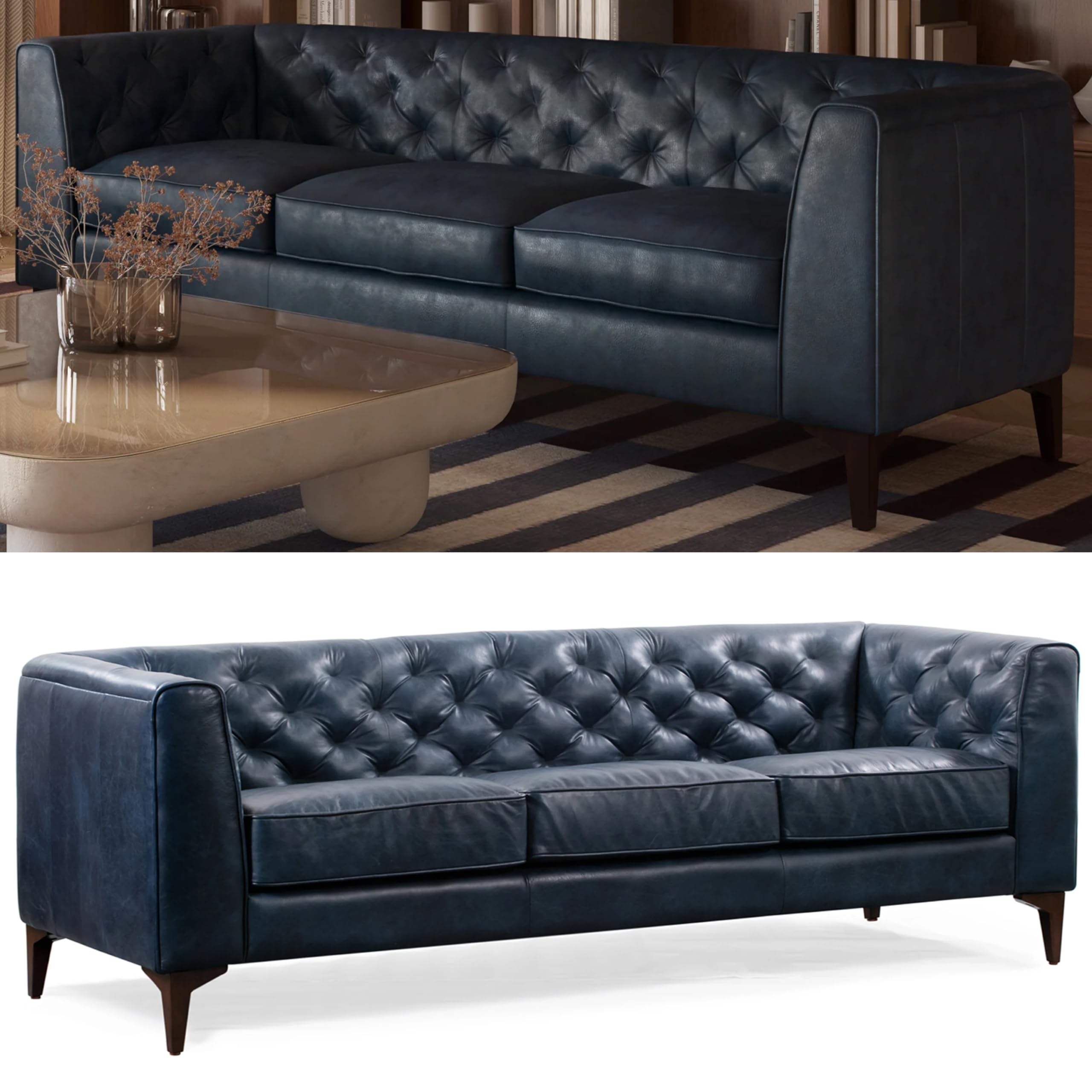 Photo 1 of POLY & BARK Essex 89” Full-Grain Italian Leather Sofa – Tufted Back, Feather-Down Comfort, Solid Wood Frame, Midnight Blue