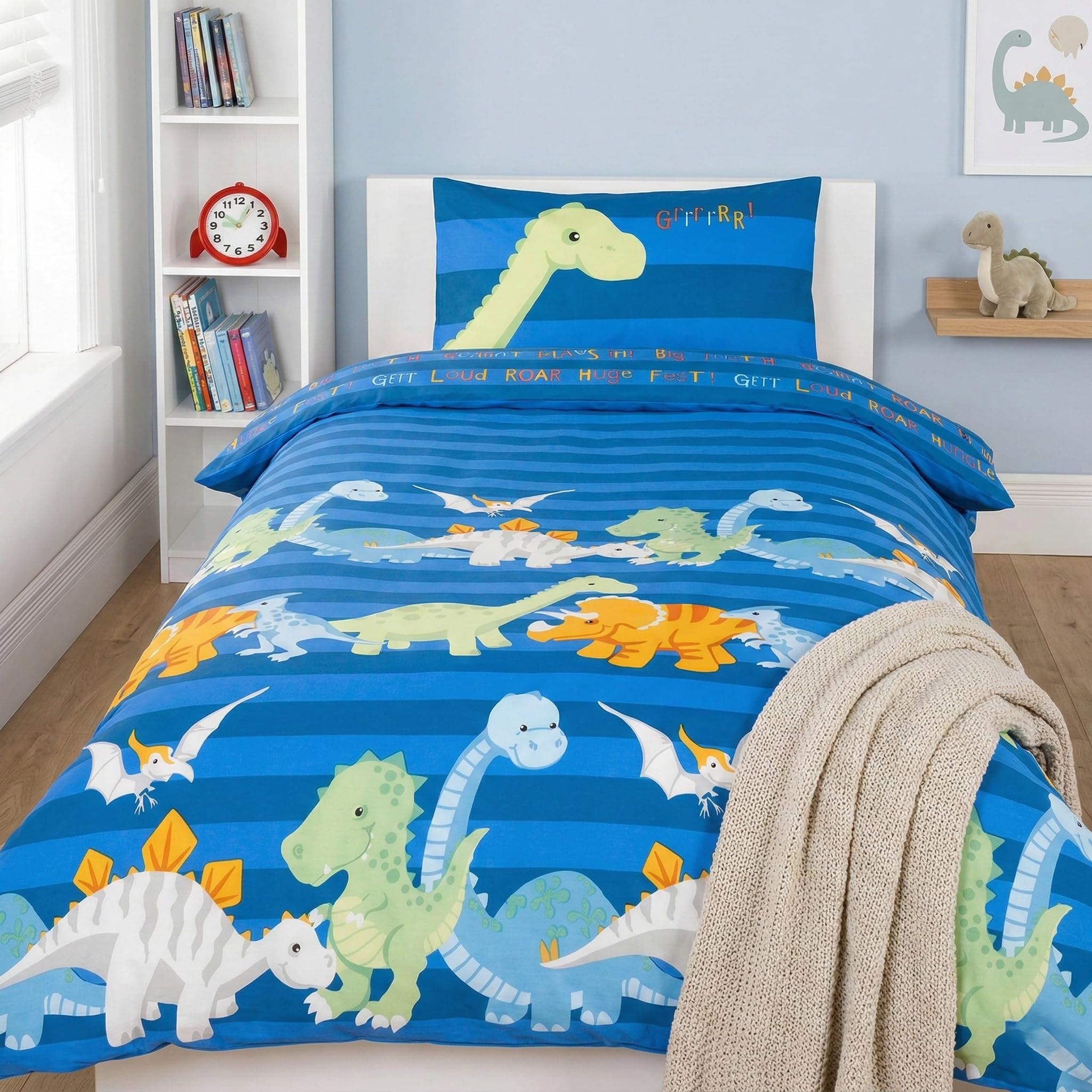 Rapport Home Kids Dinosaur Toddler Duvet Cover Set - Blue Polycotton Bedding for Boys & Girls - Fun Dino Pattern, 120 x 150 cm Duvet & 40 x 60 cm Pillowcase