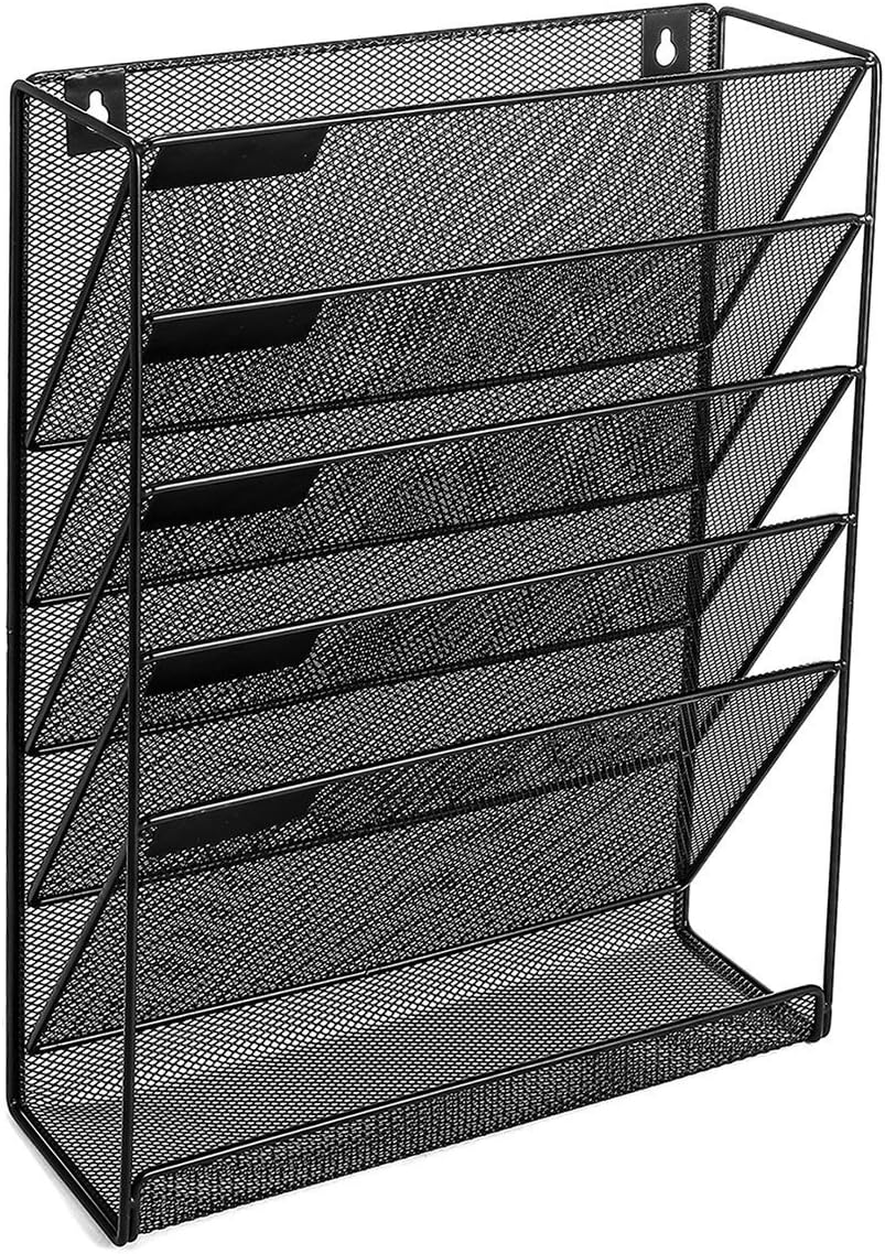Wall File Organizer; 5 Tier Black Mesh Metal Wall Shelf