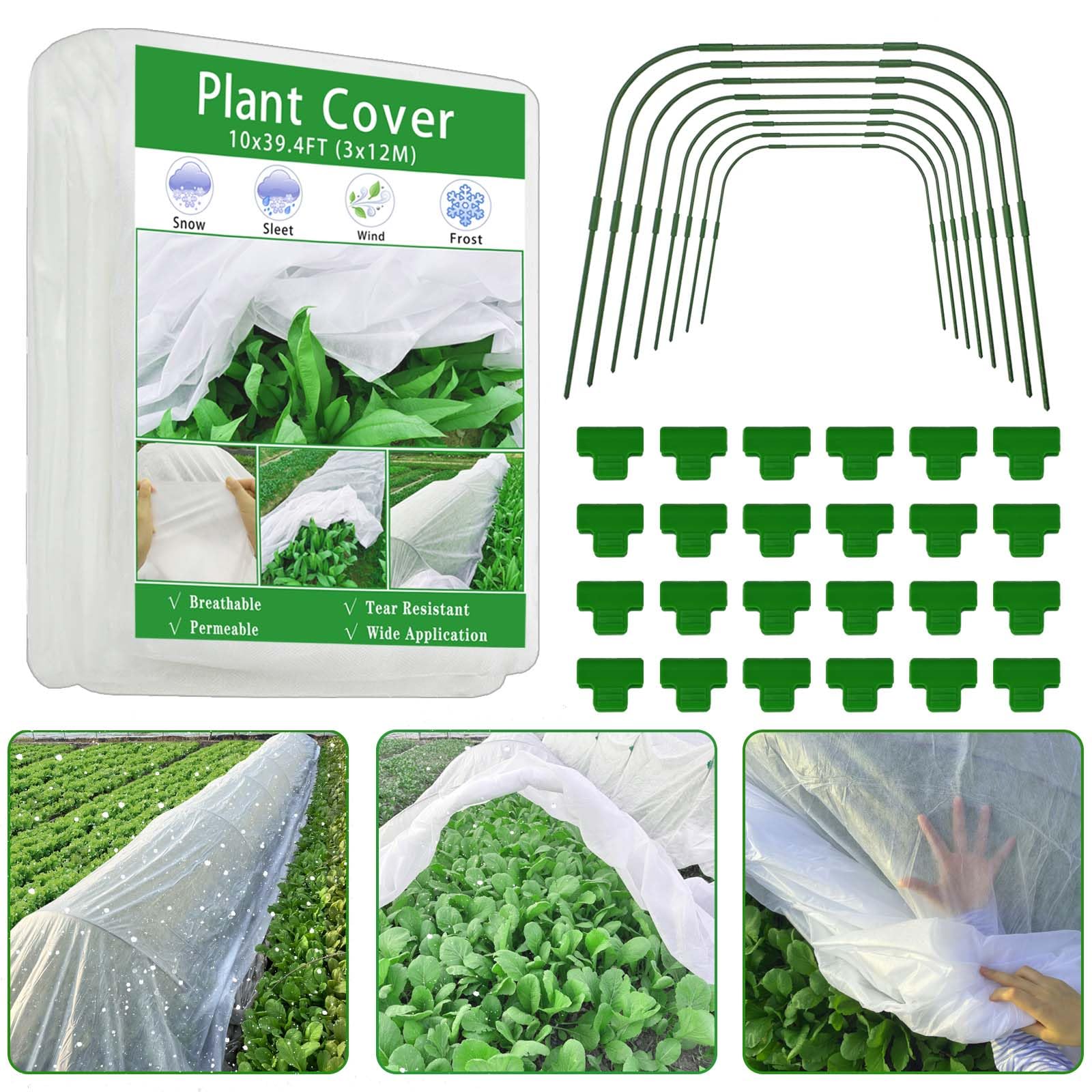 3x12M Fabric Plant Fleece Frost Protection Kit,with 24 Clips & 8 Sets Greenhouse Tunnel Hoops,1.05 Oz/yd²Garden Fleece Blanket Cloth Kit for Raised Bed Cover Outdoor Winter Frost Snow Plant Protection