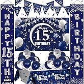 Blue 15th Birthday Decorations - Door Banner, Balloons, Porch Sign & Latex Balloons for Boys & Girls 15th Bday Party Supplies