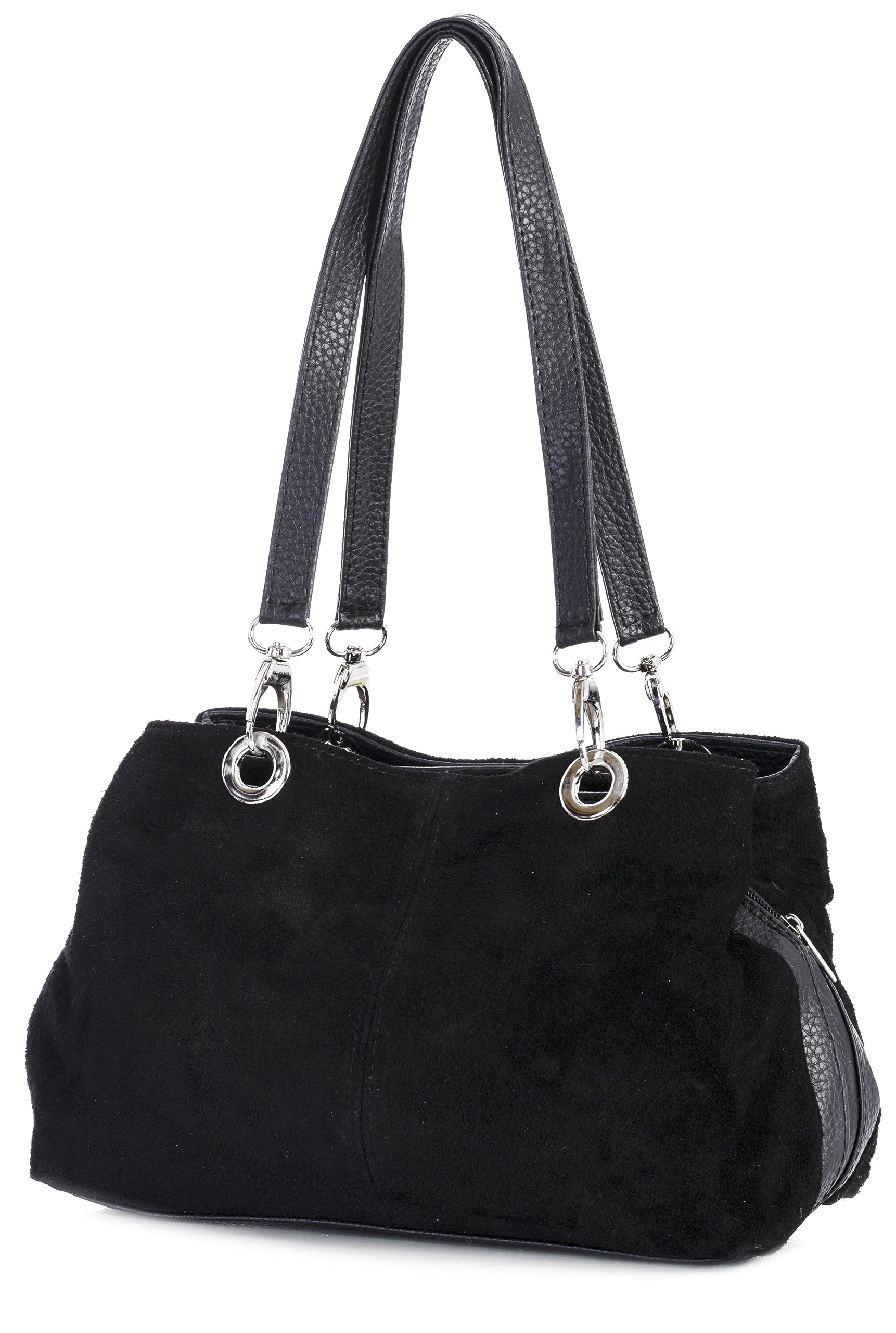 LiaTalia Genuine Italian Suede Shoulder Bag for Women – Small Luxury Leather Purse with Twin Handles & Multi Zip Pockets – Minimalist Design, Magnetic Clasp – Holly (Black)