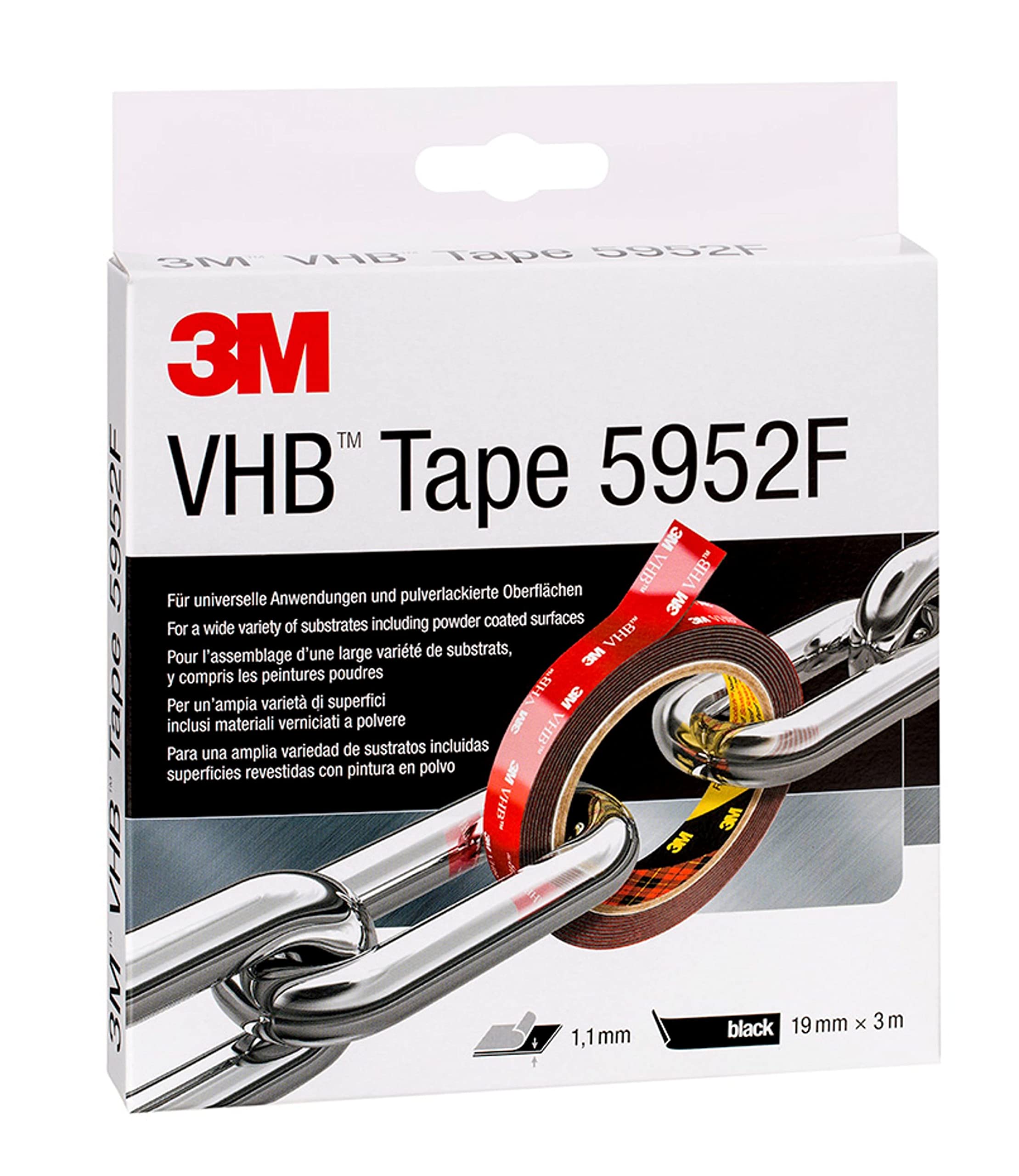 VHB 3M Double Sided Adhesive Tape 5952F, Simple Permanent Bonding, Indoor + Outdoor, various substrates, Double Coated Tape, Black, 3 m x 19 mm x 1.1 mm