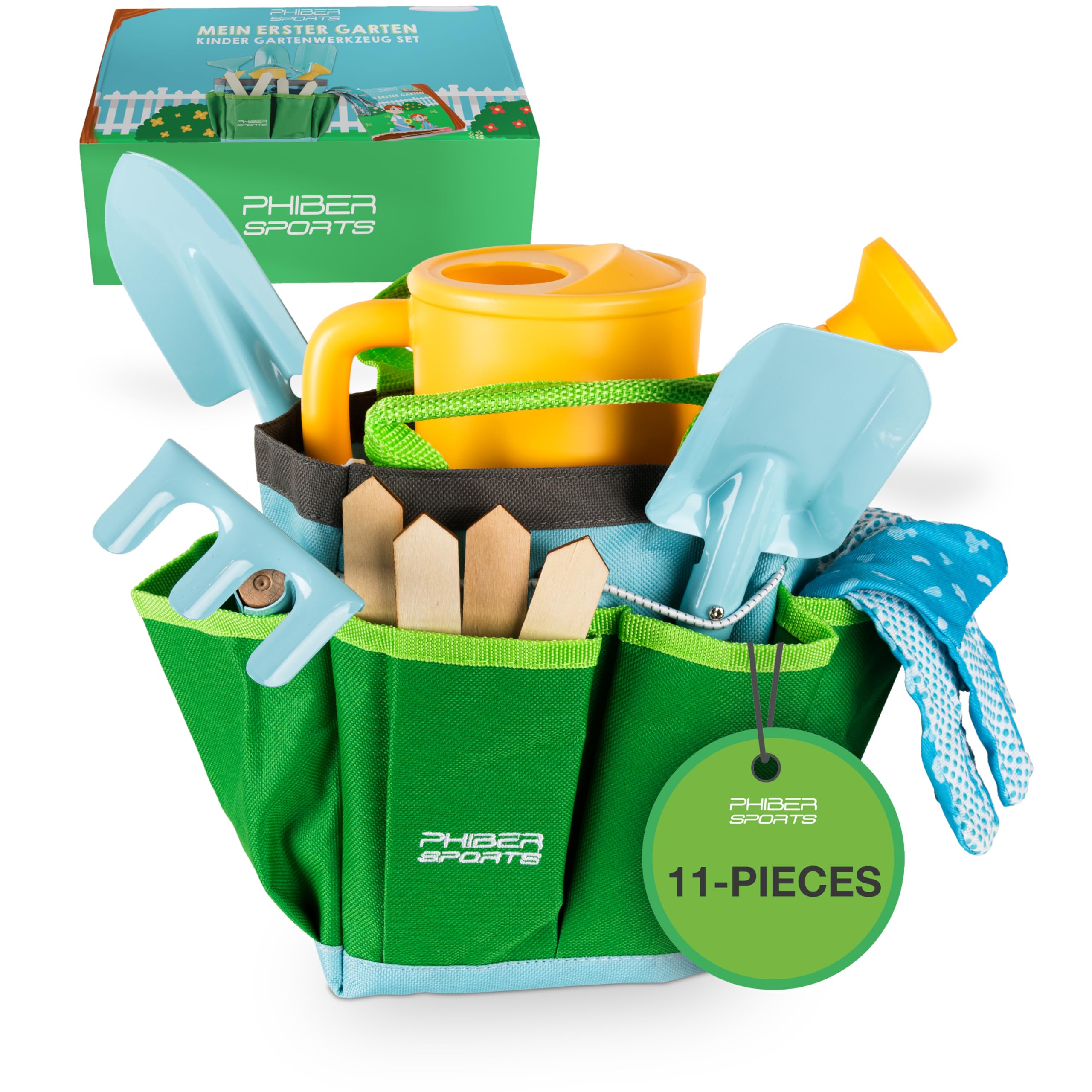 PHIBER-SPORTS Kids’ Garden Tool Set (10 Pieces) – Garden Tools for Children 3 Years and Up, Also for Sand and Beach – Metal Garden Tools, Watering Can, Garden Gloves, Carry Bag