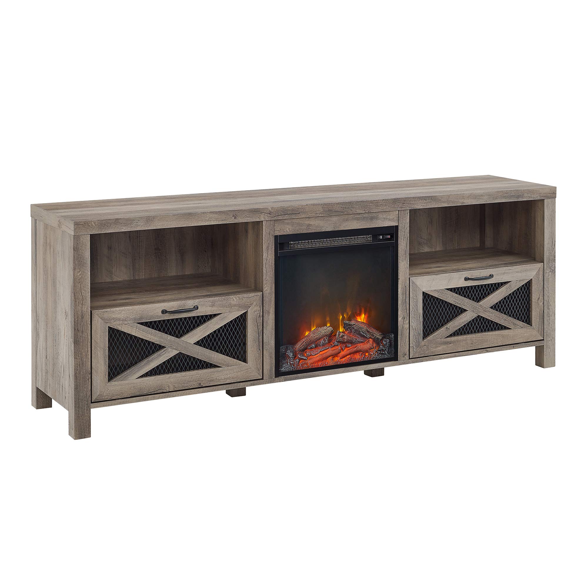 Walker Edison Calgary Industrial Farmhouse X-Drawer Metal Mesh and Wood Fireplace TV Stand for TVs up to 80 Inches, 70 Inch, Grey Wash Image Walker Edison Calgary Industrial Farmhouse X-Drawer Metal Mesh and Wood Fireplace TV Stand for TVs up to 80 Inches, 70 Inch, Grey Wash Image