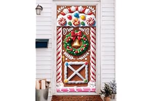 YUSPENYE Christmas Door Cover Decorations, 35.4"x78" Wreath-Adorned Candy House Design, Charming Holiday Door Decor for Front Doors