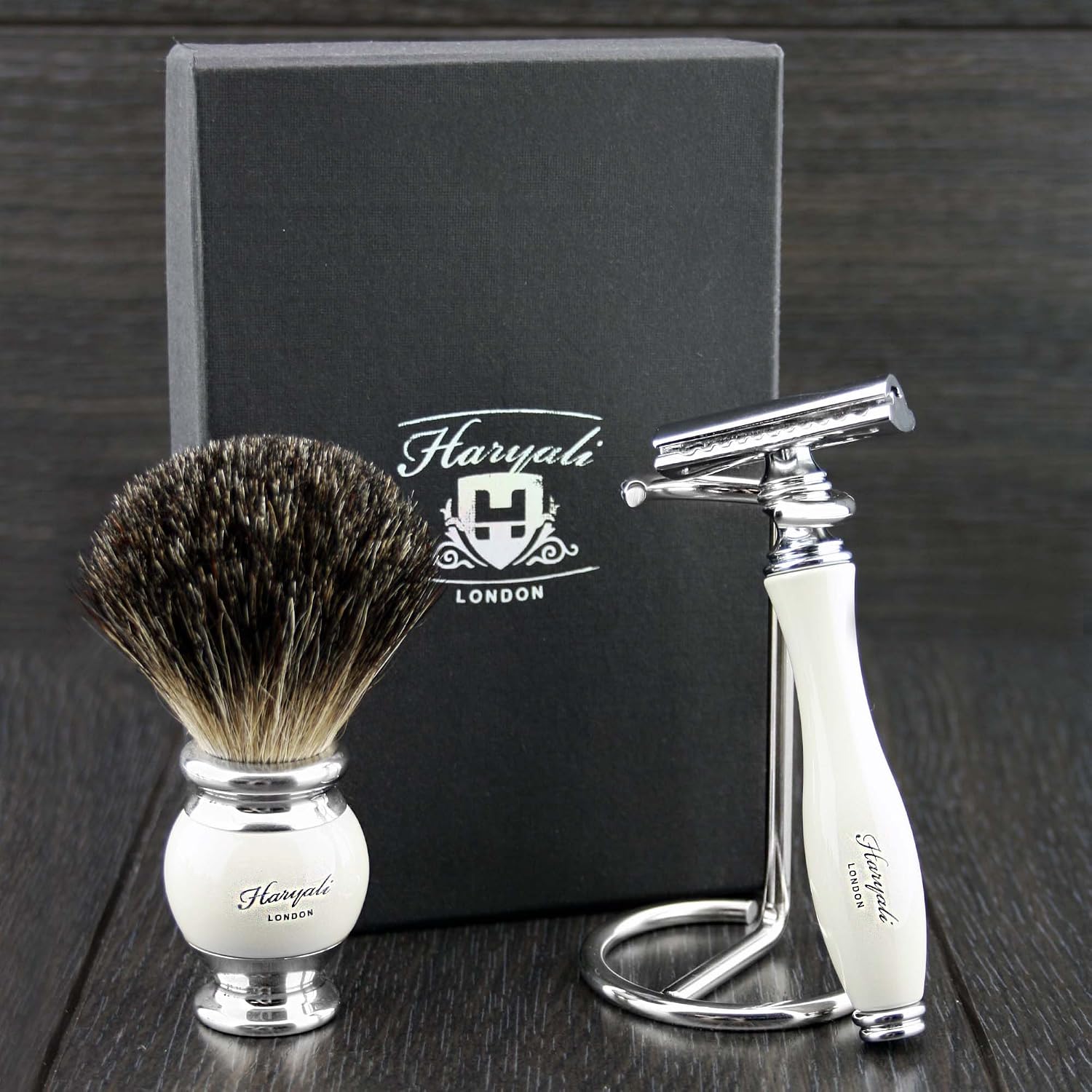 Ivory Colour Men’s 3 Pieces Shaving Kit with Black Badger Hair, De ...