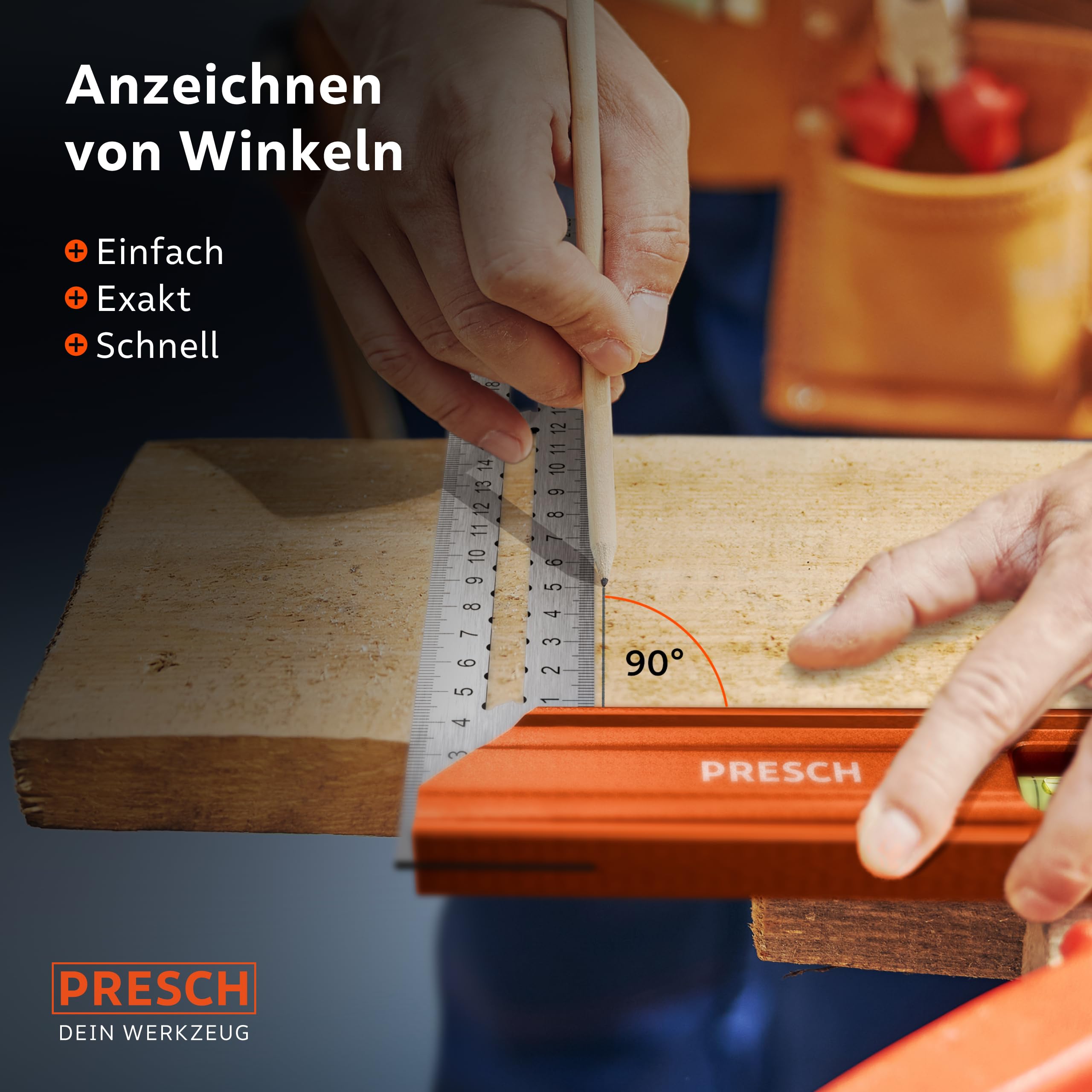 Presch Anschlagwinkel 250mm - Hochpräzise & Rostfrei - Innovatives Streichmaß 25cm - Exakter Schreinerwinkel inkl. Wasserwaage & Anreißnadel für ultimative Vielseitigkeit - Perfekte 90° & 45° 8